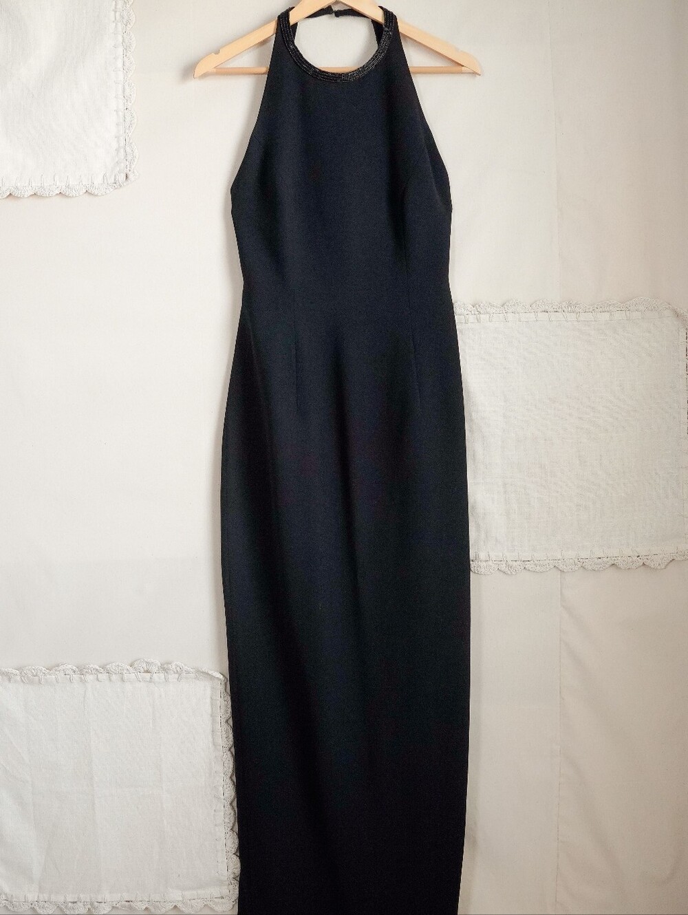 Cache black beaded halter maxi evening Dress